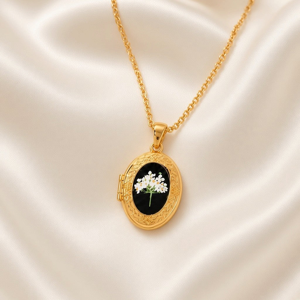 Pressed Flower Locket Pendant Necklace Gold Tone Copper - Framed Mixed Bouquet Oval close-up