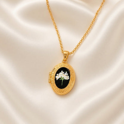 Pressed Flower Locket Pendant Necklace Gold Tone Copper - Framed Mixed Bouquet Oval close-up
