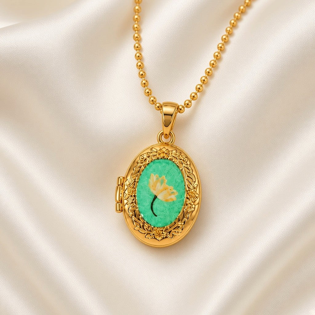 Pressed Flower Locket Pendant Necklace Gold Tone Copper - Framed Pink Flower Oval close-up