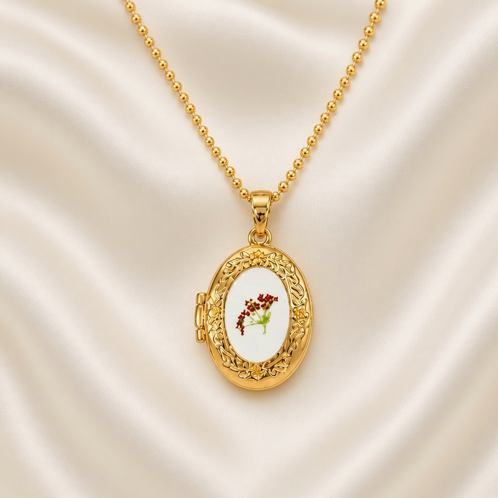 Pressed Flower Locket Pendant Necklace Gold Tone Copper - Framed Purple Flower Oval close-up