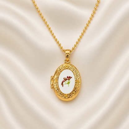 Pressed Flower Locket Pendant Necklace Gold Tone Copper - Framed Purple Flower Oval close-up