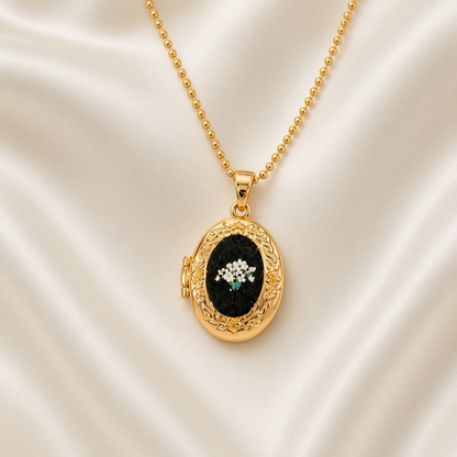 Pressed Flower Locket Pendant Necklace Gold Tone Copper - Framed White Flower Oval close-up