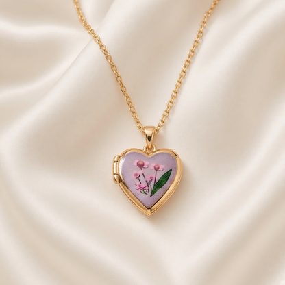 Pressed Flower Locket Pendant Necklace Gold Tone Copper - Heart Pink Flower close-up