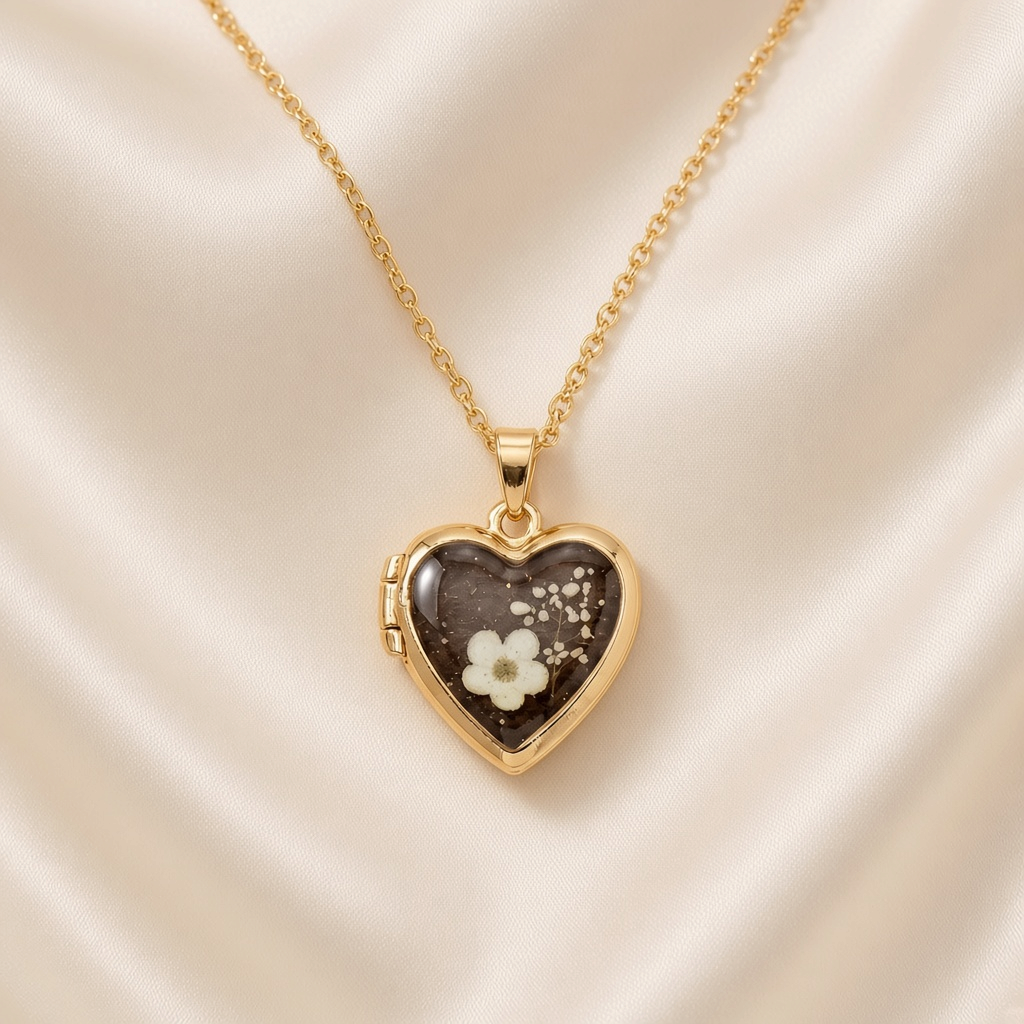 Pressed Flower Locket Pendant Necklace Gold Tone Copper - Heart White Flower close-up