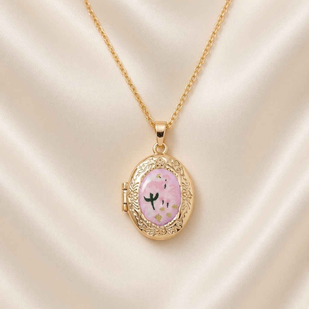 Pressed Flower Locket Pendant Necklace Gold Tone Copper - Oval Light Pink close-up