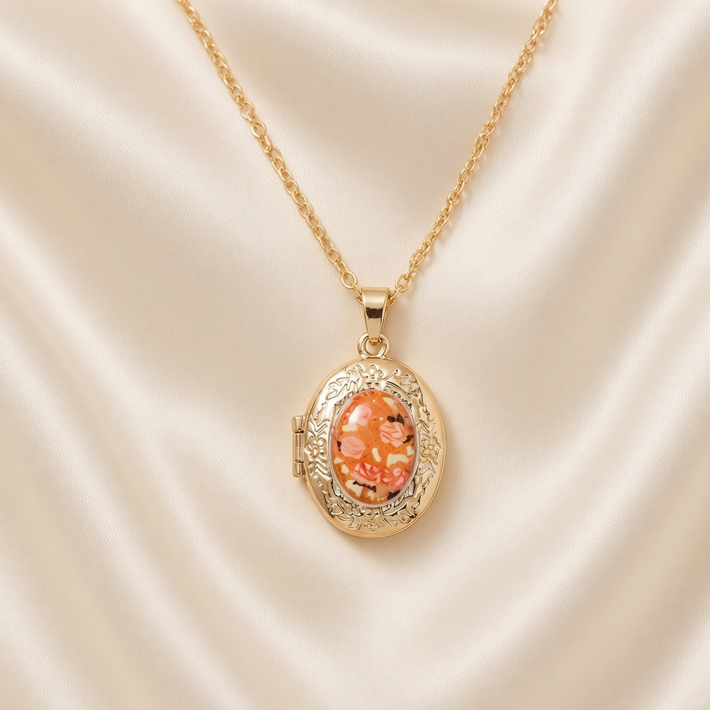 Pressed Flower Locket Pendant Necklace Gold Tone Copper - Oval Orange Flower close-up