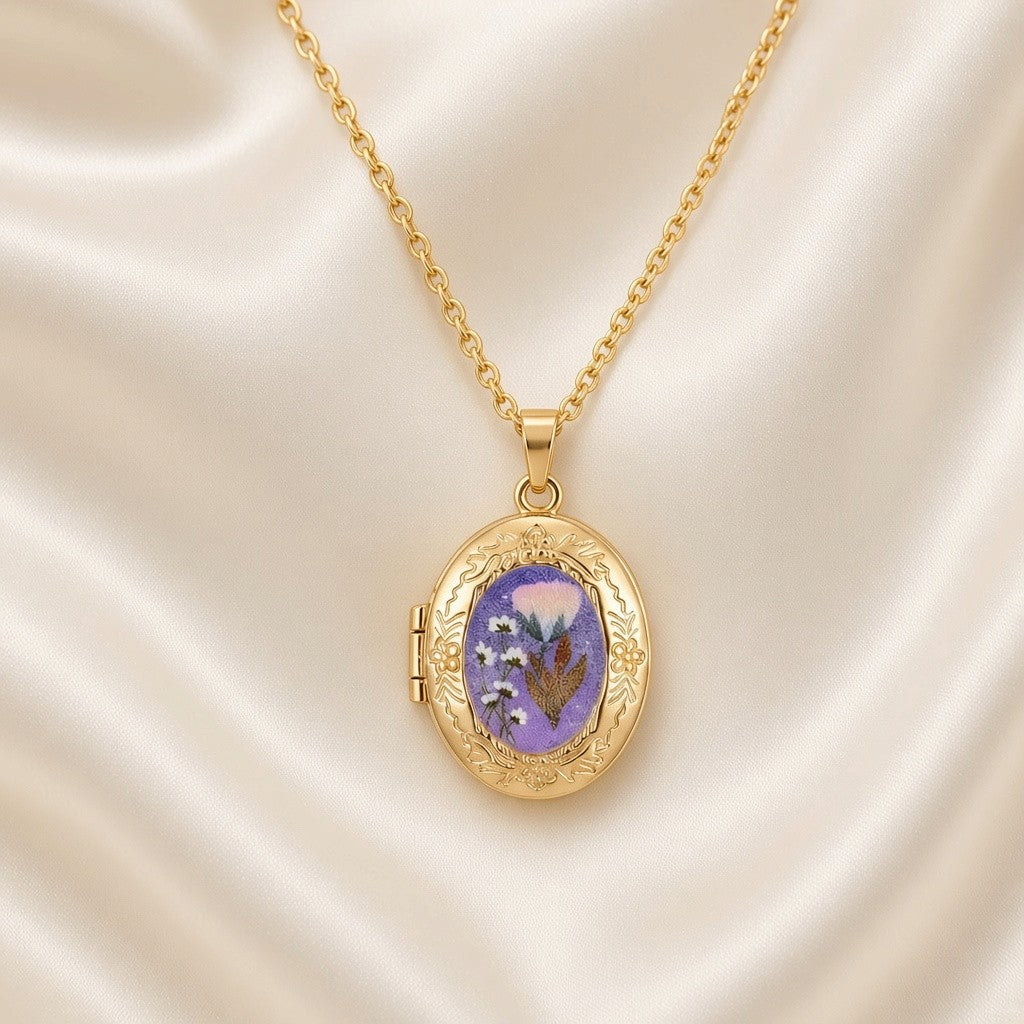 Pressed Flower Locket Pendant Necklace Gold Tone Copper - Oval Pink Flower close-up