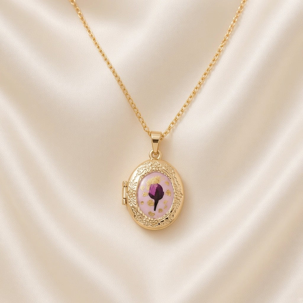Pressed Flower Locket Pendant Necklace Gold Tone Copper - Oval Red Flower close-up