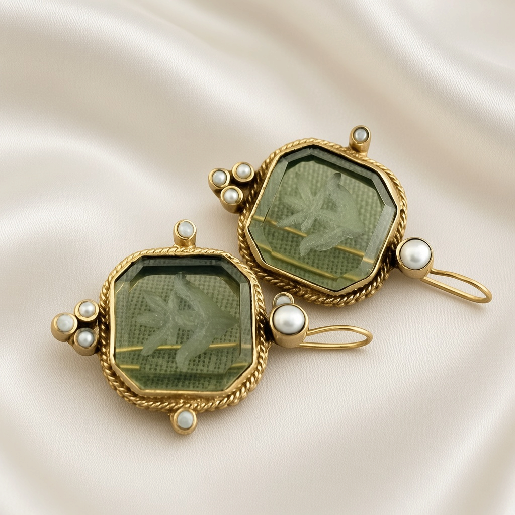 Engraved Bird Faux Pearl Drop Earrings Antique Gold Tone Copper - Olive Green