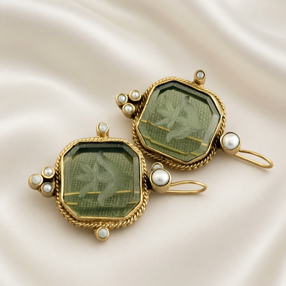 Engraved Bird Faux Pearl Drop Earrings Antique Gold Tone Copper - Olive Green