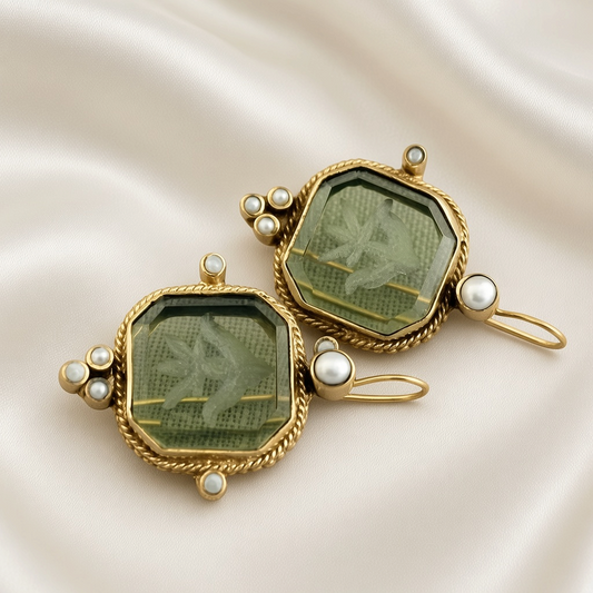 Engraved Bird Faux Pearl Drop Earrings Antique Gold Tone Copper - Olive Green