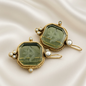 Engraved Bird Faux Pearl Drop Earrings Antique Gold Tone Copper - Olive Green