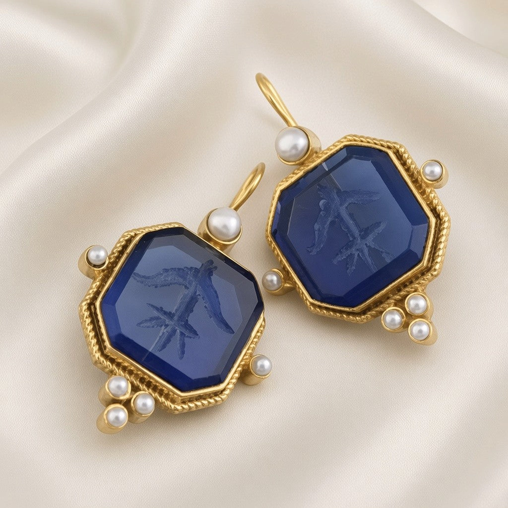 Engraved Bird Faux Pearl Drop Earrings Antique Gold Tone Copper - Royal Blue