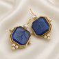 Engraved Bird Faux Pearl Drop Earrings Antique Gold Tone Copper - Royal Blue