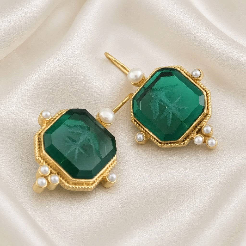 Engraved Bird Faux Pearl Drop Earrings Antique Gold Tone Copper - Jade Green