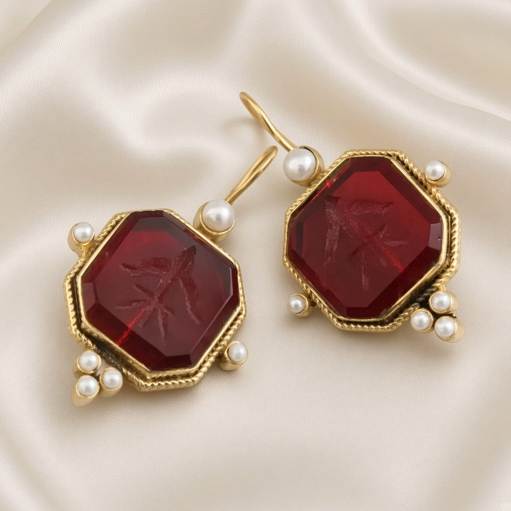 Engraved Bird Faux Pearl Drop Earrings Antique Gold Tone Copper - Red
