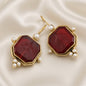 Engraved Bird Faux Pearl Drop Earrings Antique Gold Tone Copper - Red