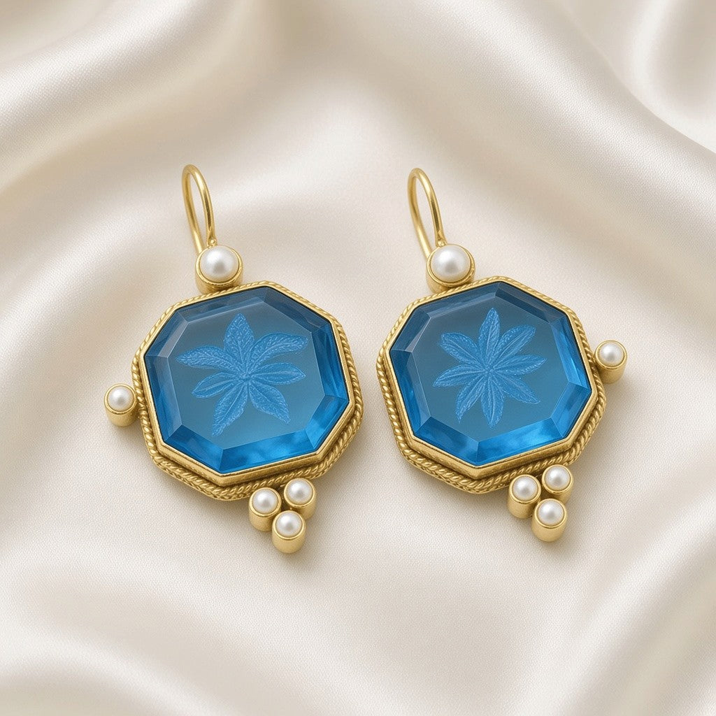 Engraved Bird Faux Pearl Drop Earrings Antique Gold Tone Copper - Turquoise