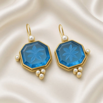 Engraved Bird Faux Pearl Drop Earrings Antique Gold Tone Copper - Turquoise