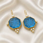 Engraved Bird Faux Pearl Drop Earrings Antique Gold Tone Copper - Turquoise
