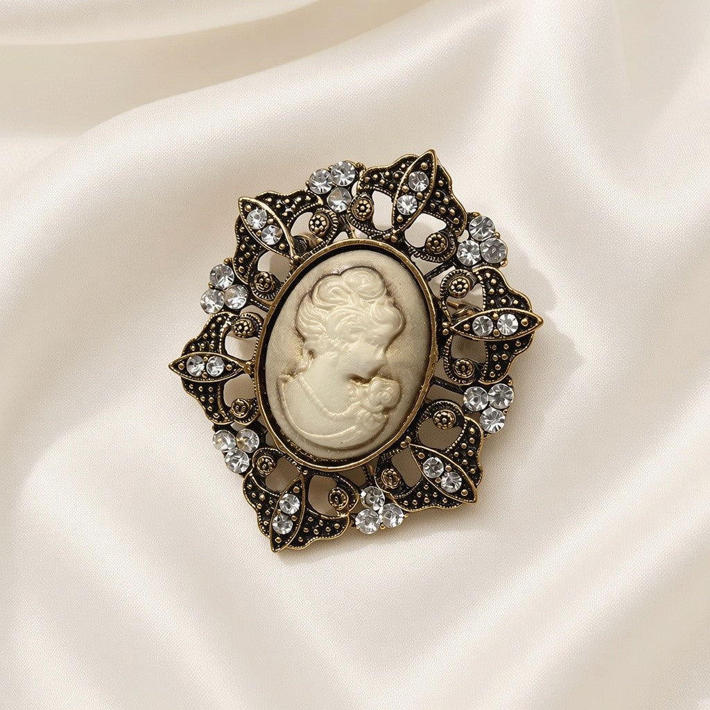 Victorian Cameo Rhinestone Brooch Pin Antique Gold Tone - Filigree Clear Rhinestone