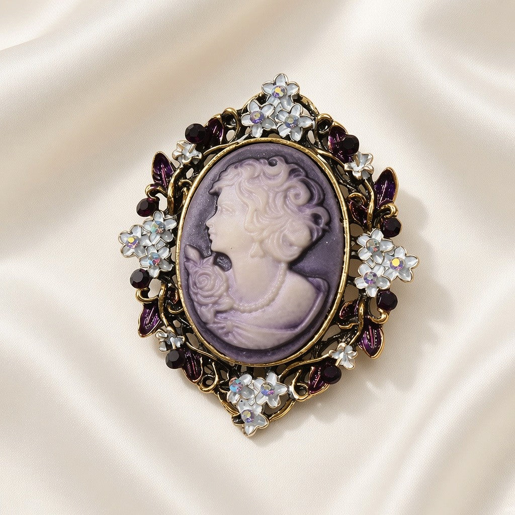 Victorian Cameo Rhinestone Brooch Pin Antique Gold Tone - Purple Flower Rhinestone