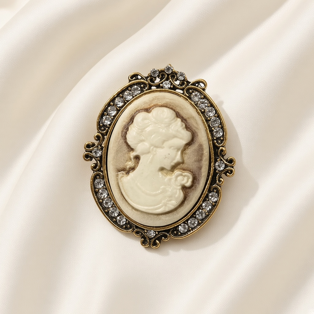 Victorian Cameo Rhinestone Brooch Pin Antique Gold Tone - Oval Clear Rhinestone