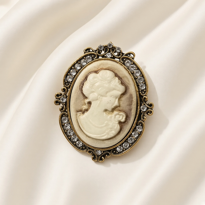 Victorian Cameo Rhinestone Brooch Pin Antique Gold Tone - Oval Clear Rhinestone