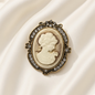 Victorian Cameo Rhinestone Brooch Pin Antique Gold Tone - Oval Clear Rhinestone