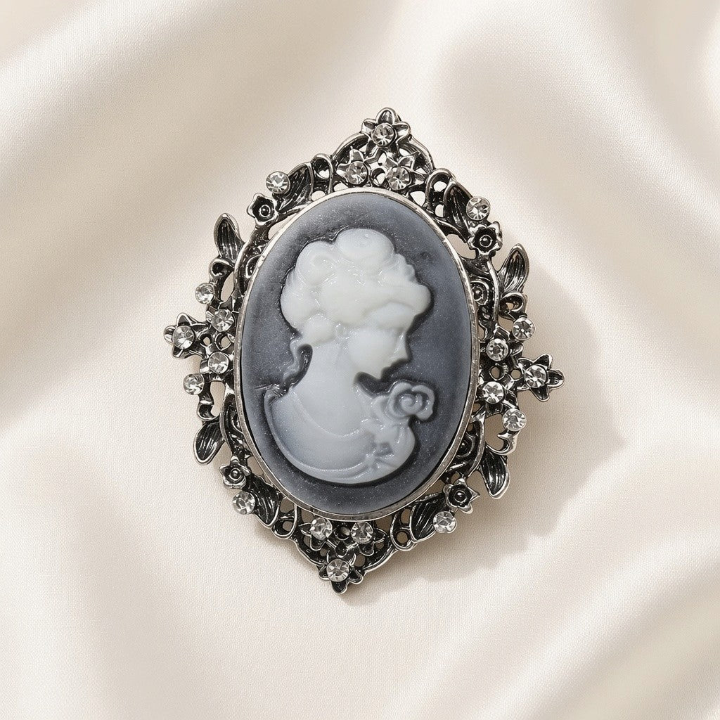 Victorian Cameo Rhinestone Brooch Pin Antique Silver Tone - Gray Filigree