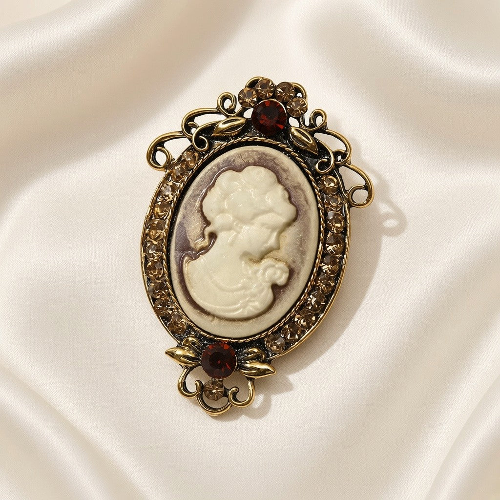 Victorian Cameo Rhinestone Brooch Pin Antique Gold Tone - Red Gemstone