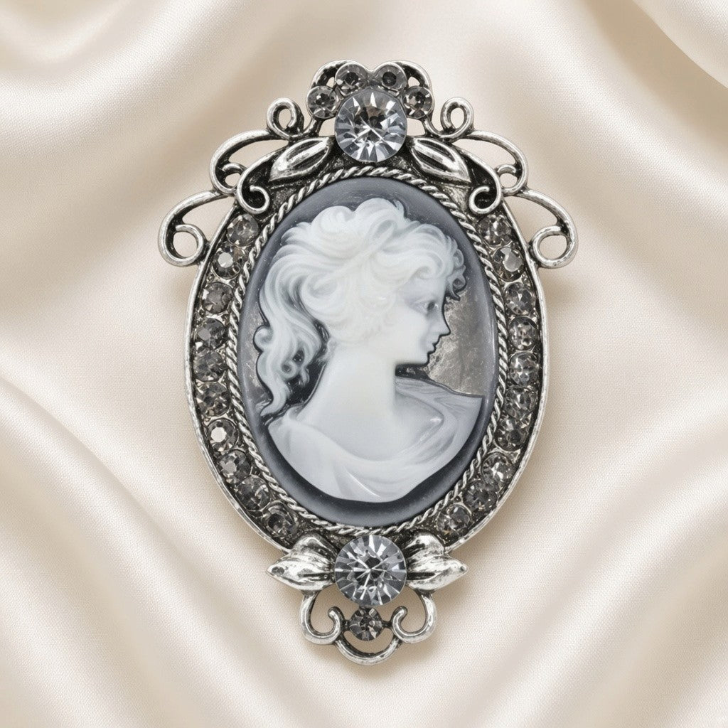 Victorian Cameo Rhinestone Brooch Pin Antique Silver Tone - Gray Bow Frame