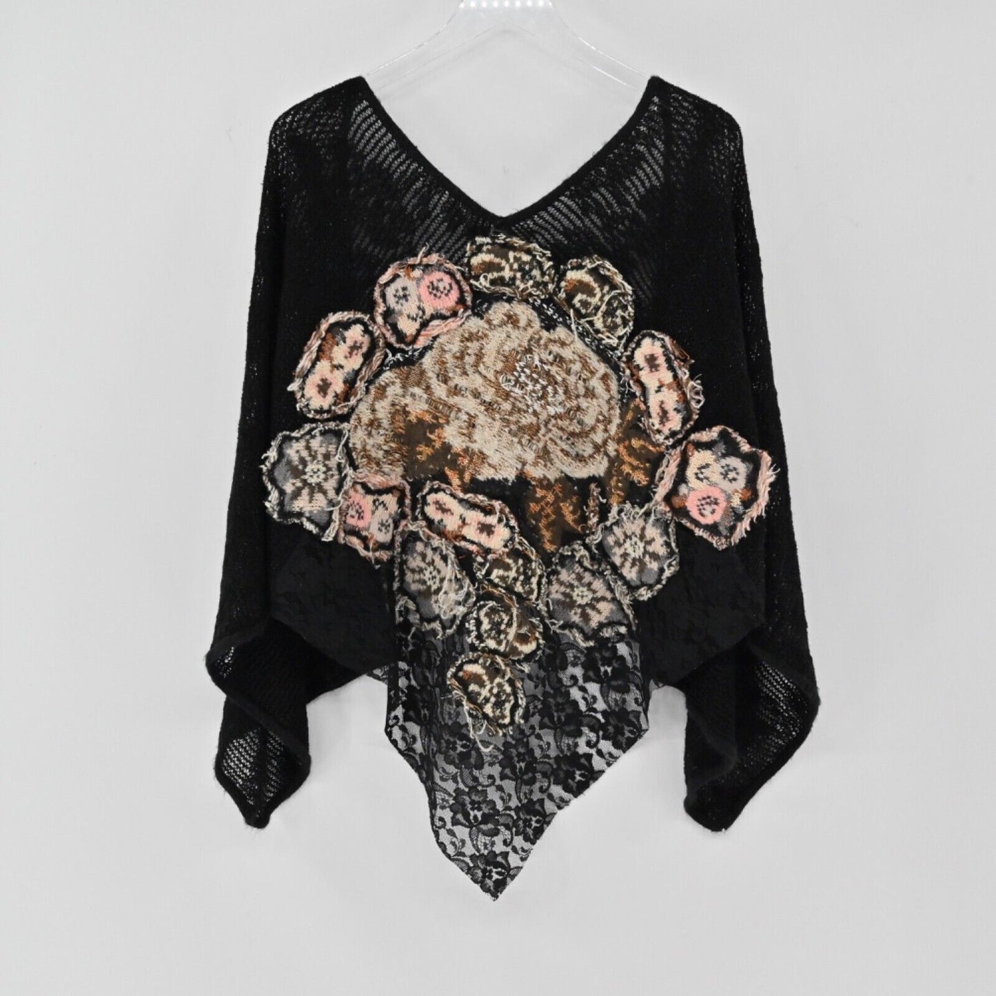 ANTHROPOLOGIE Poncho Womens Size M CECILIA PRADO Black Floral Metallic Wrap NEW
