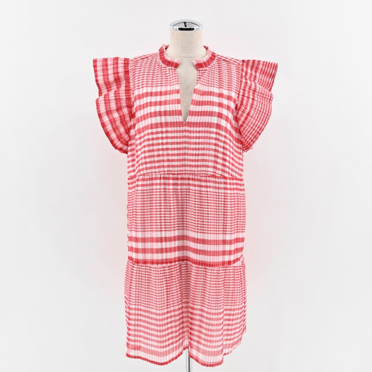 MARIE OLIVER Bay Mini Cherry Dress Size L Red Check Silk Blend Ruffle Flutter