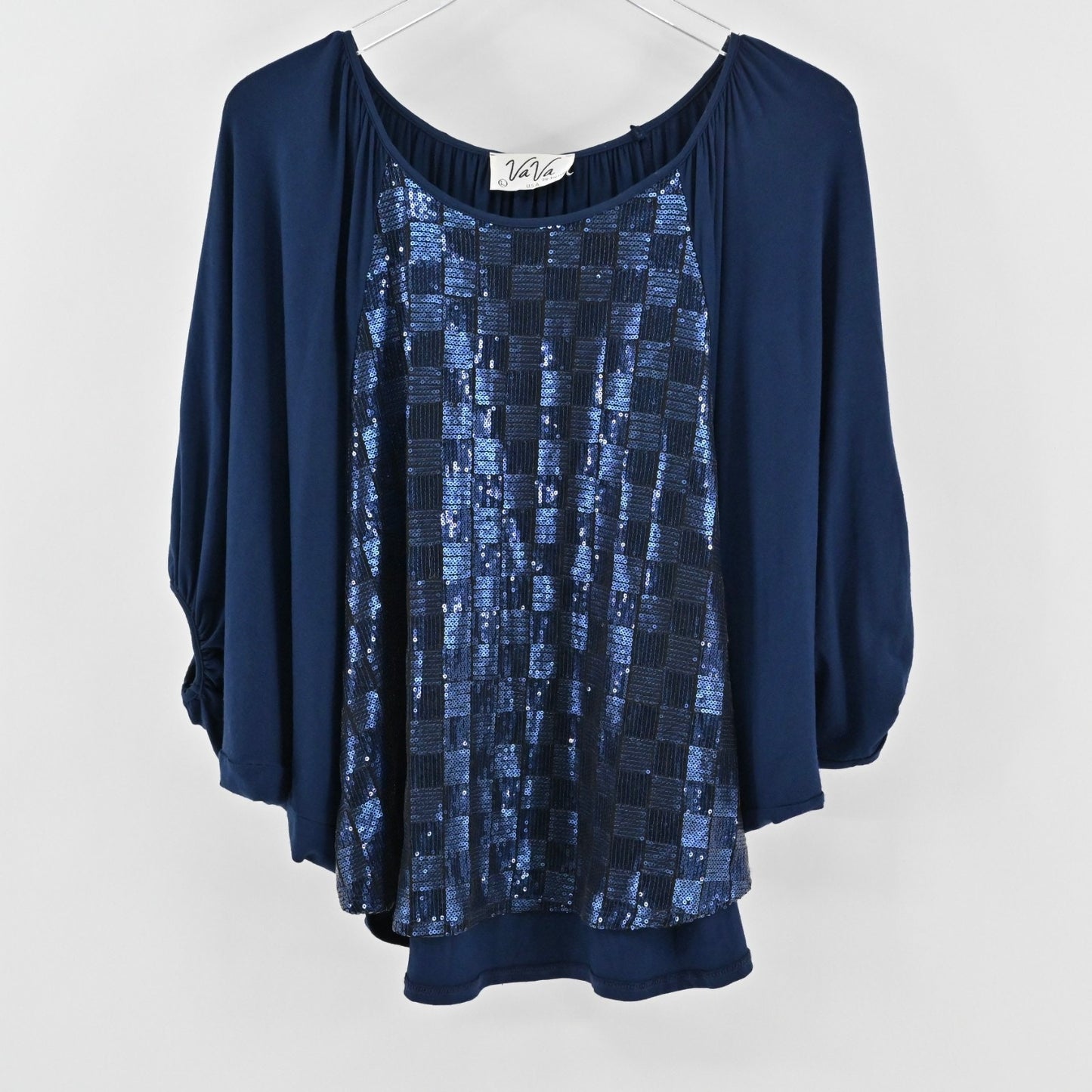 Vtg VaVa Joy Han Womens Sequin Top Size L Blue Checkered Batwing Dolman Sleeve