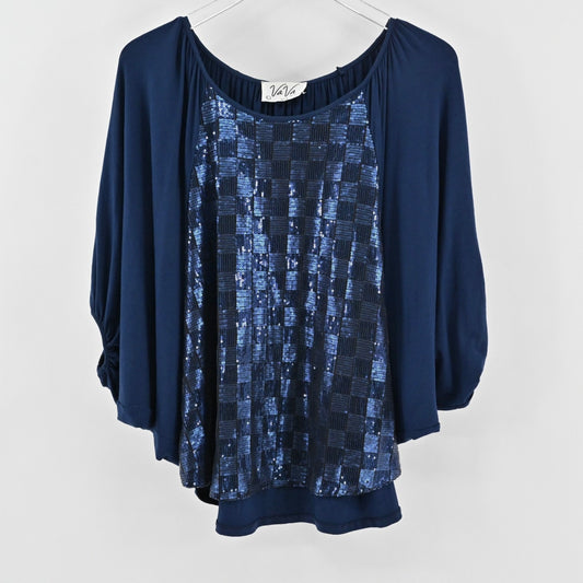 Vtg VaVa Joy Han Womens Sequin Top Size L Blue Checkered Batwing Dolman Sleeve