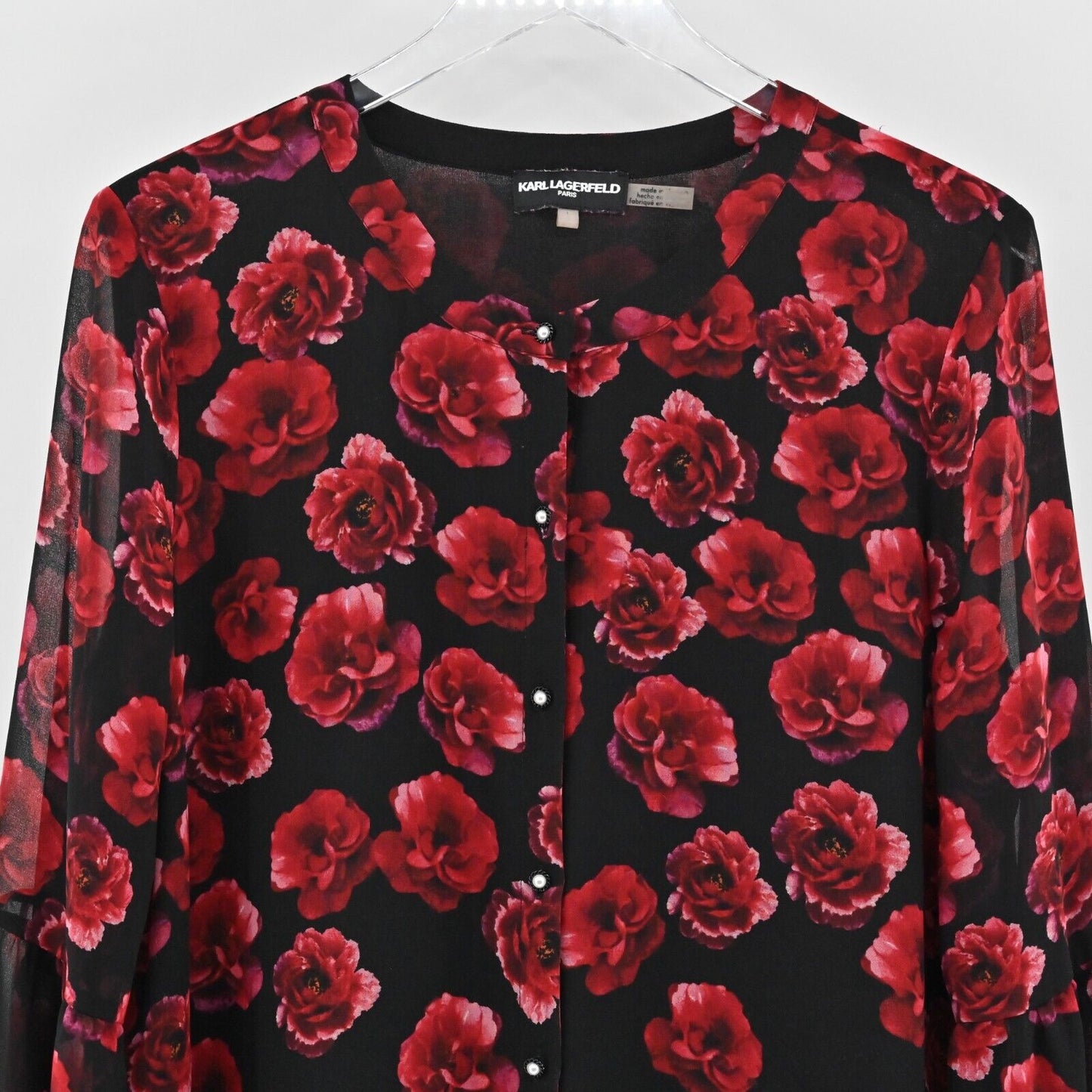 KARL LAGERFELD Top Womens Size L Red Black Floral Bell Sleeve Blouse Chiffon
