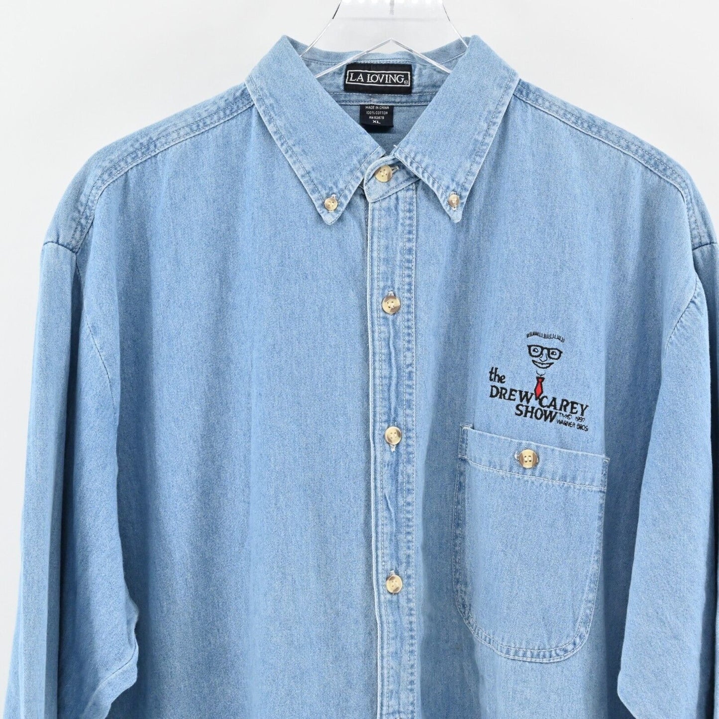 Vtg Drew Carey Show Shirt Mens Sz XL Blue Denim Button Front Warner Bros 1997
