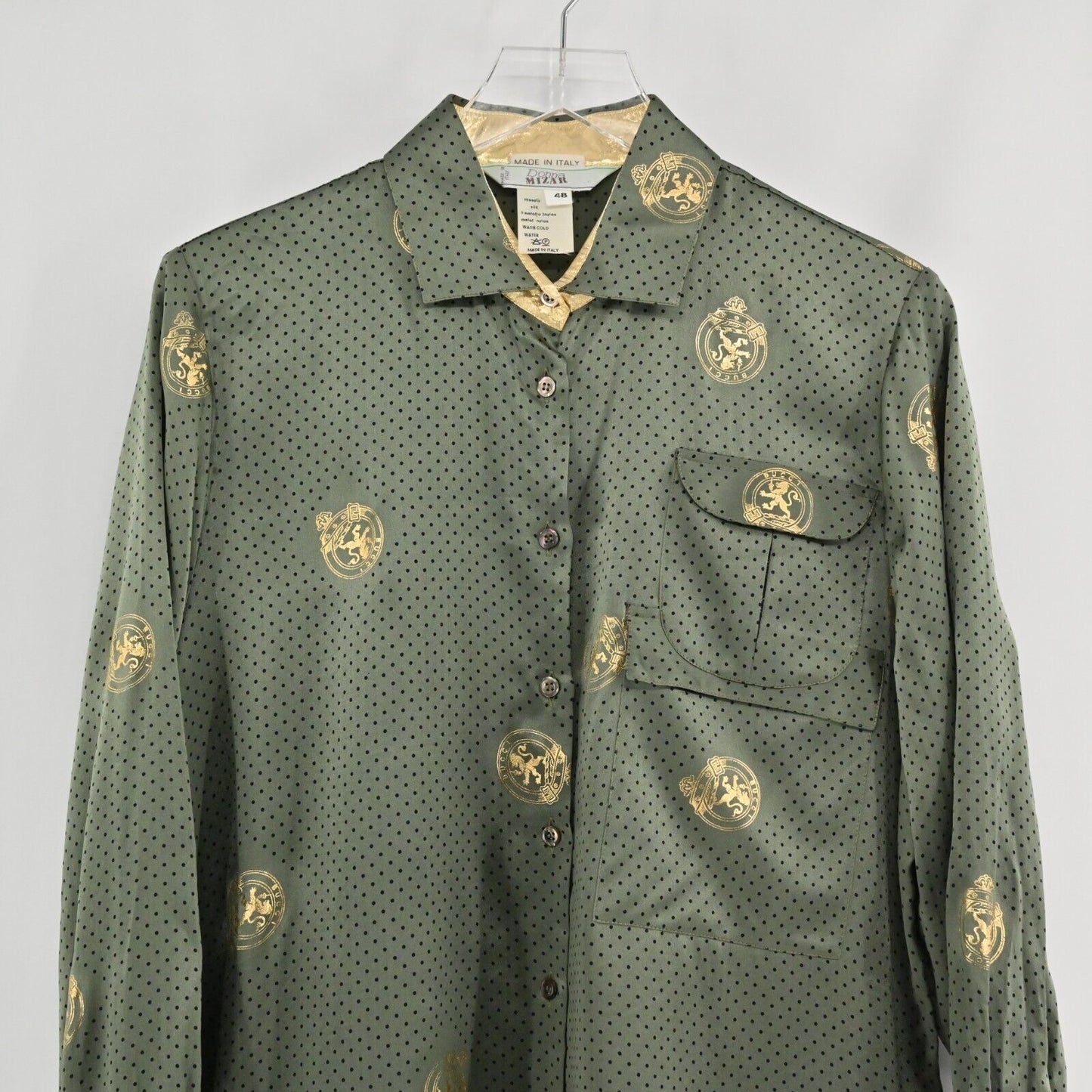 Vtg DONNA MIZAR Top Womens Sz US 12 Silk Long Sleeve Button Lion Motif Italy 80s