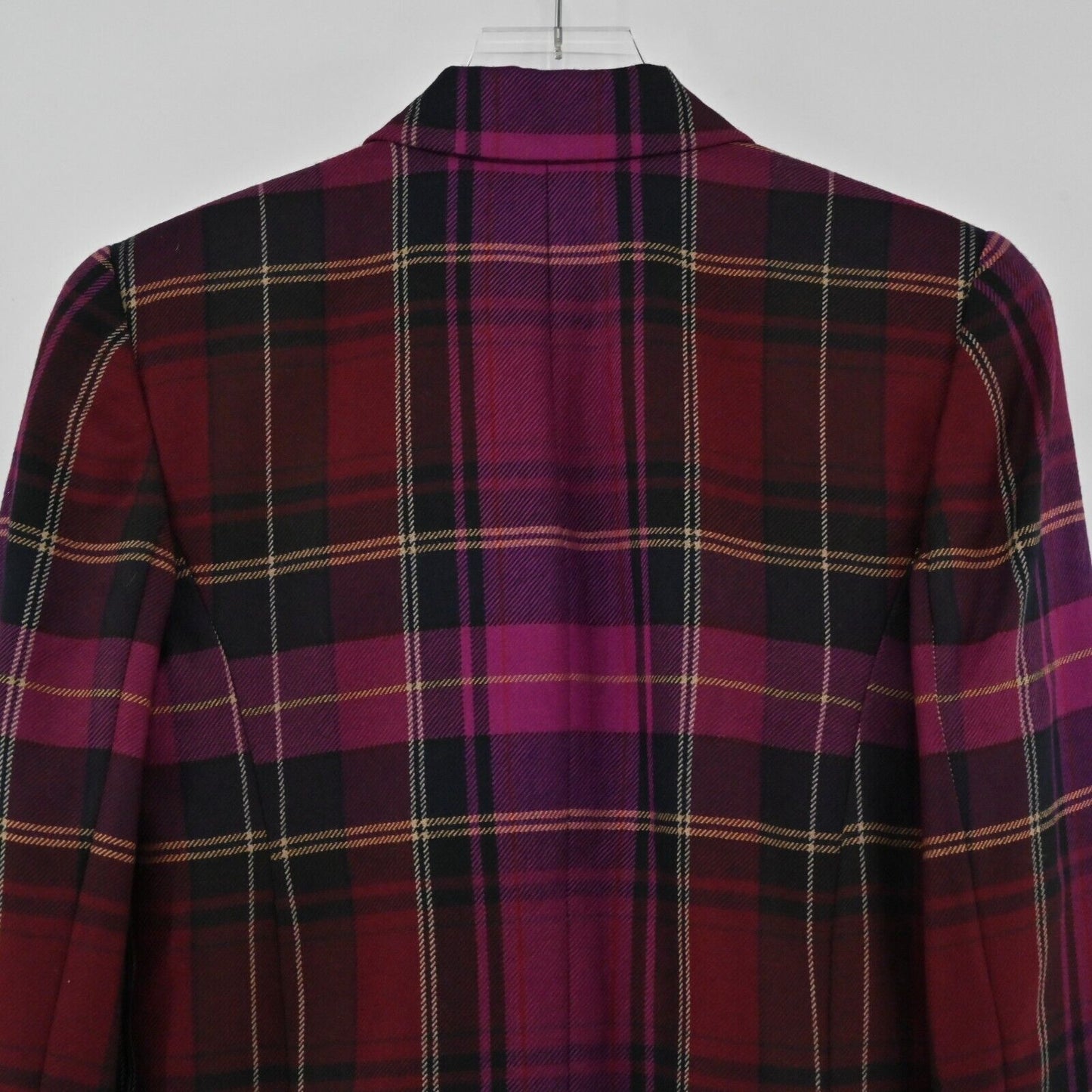 Vtg ELLEN TRACY Blazer Womens Size 10 Purple Plaid 100% Wool Single Breasted 90s