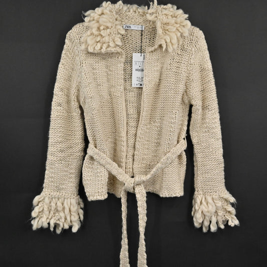 ZARA Womens Sweater Size S Fringing Cardigan Belted Cream Wool Blend Boho NEW