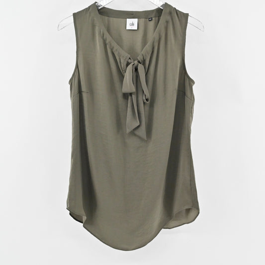 CABI Top Womens Sz S Loden Green Cinch Tie Front Sleeveless Blouse Mimimalist