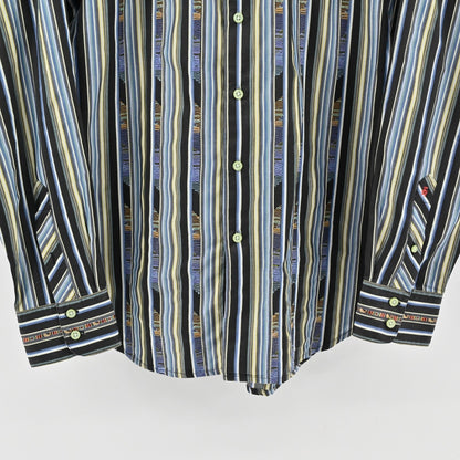 Robert Graham Mens Embroidered Stripe Collared Shirt Size L Blue Office Workwear