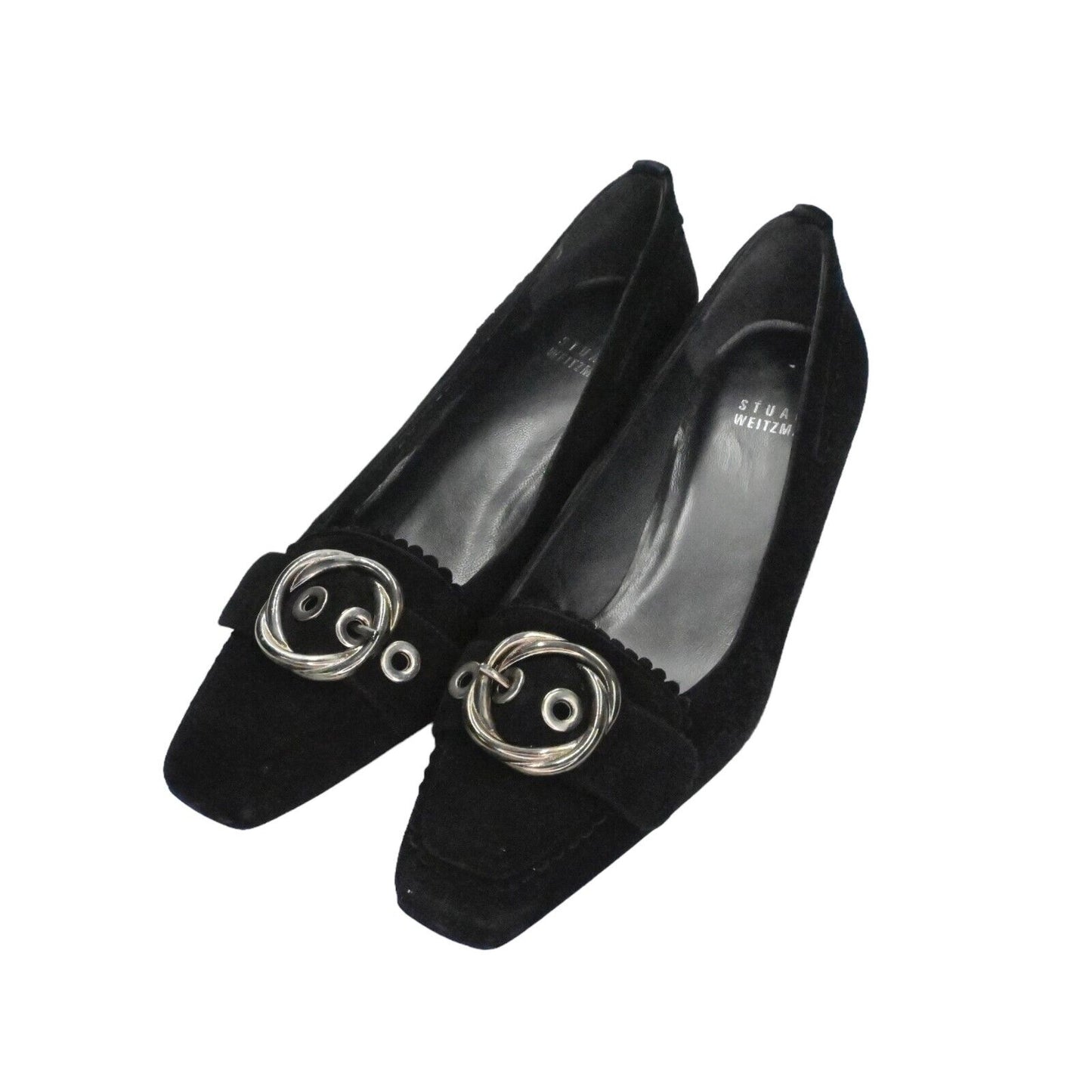 Vtg STUART WEITZMAN Pumps Womens Sz 5.5 Black Suede Buckle Square Toe Block Heel