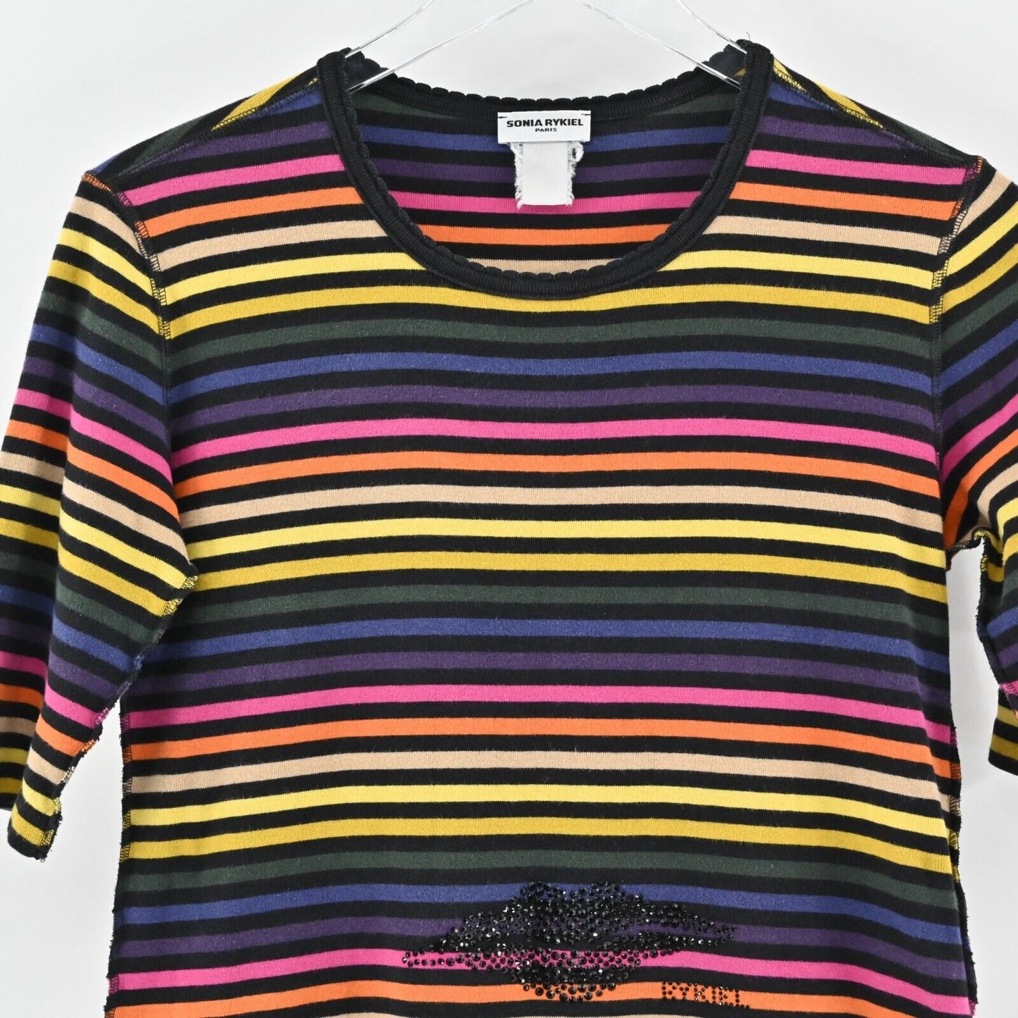 Vtg SONIA RYKIEL Top Womens Size L Multicolor Stripe Black Rhinestone Lips Logo