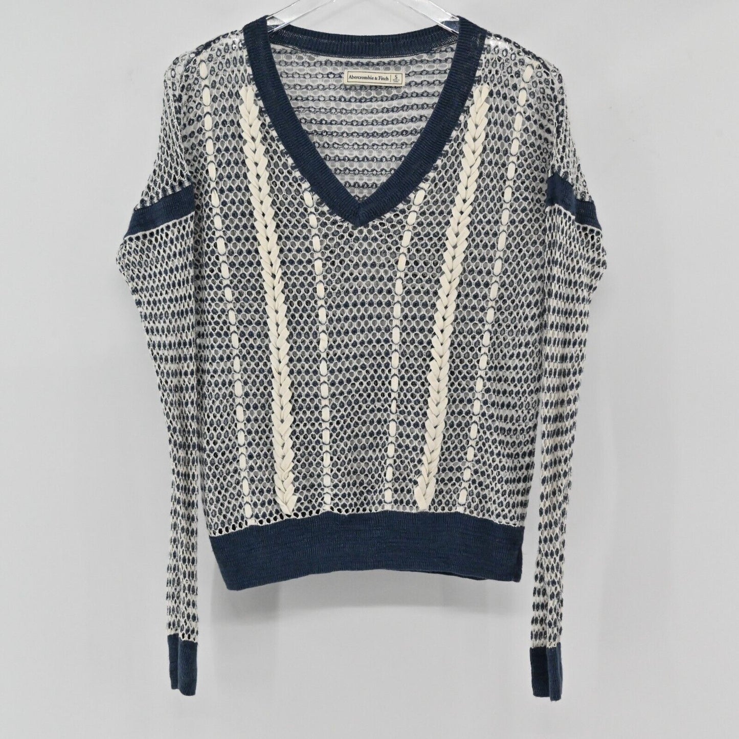 ABERCROMBIE FITCH Sweater Womens Size S Open Knit V Neck Long Sleeve Navy Ivory