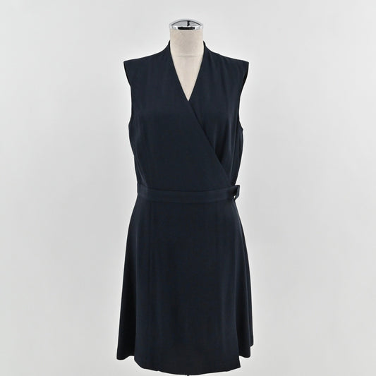 Theory Eldah Sleeveless Wrap Dress Size 10 Wool Navy Blue Quiet Luxury V Neck