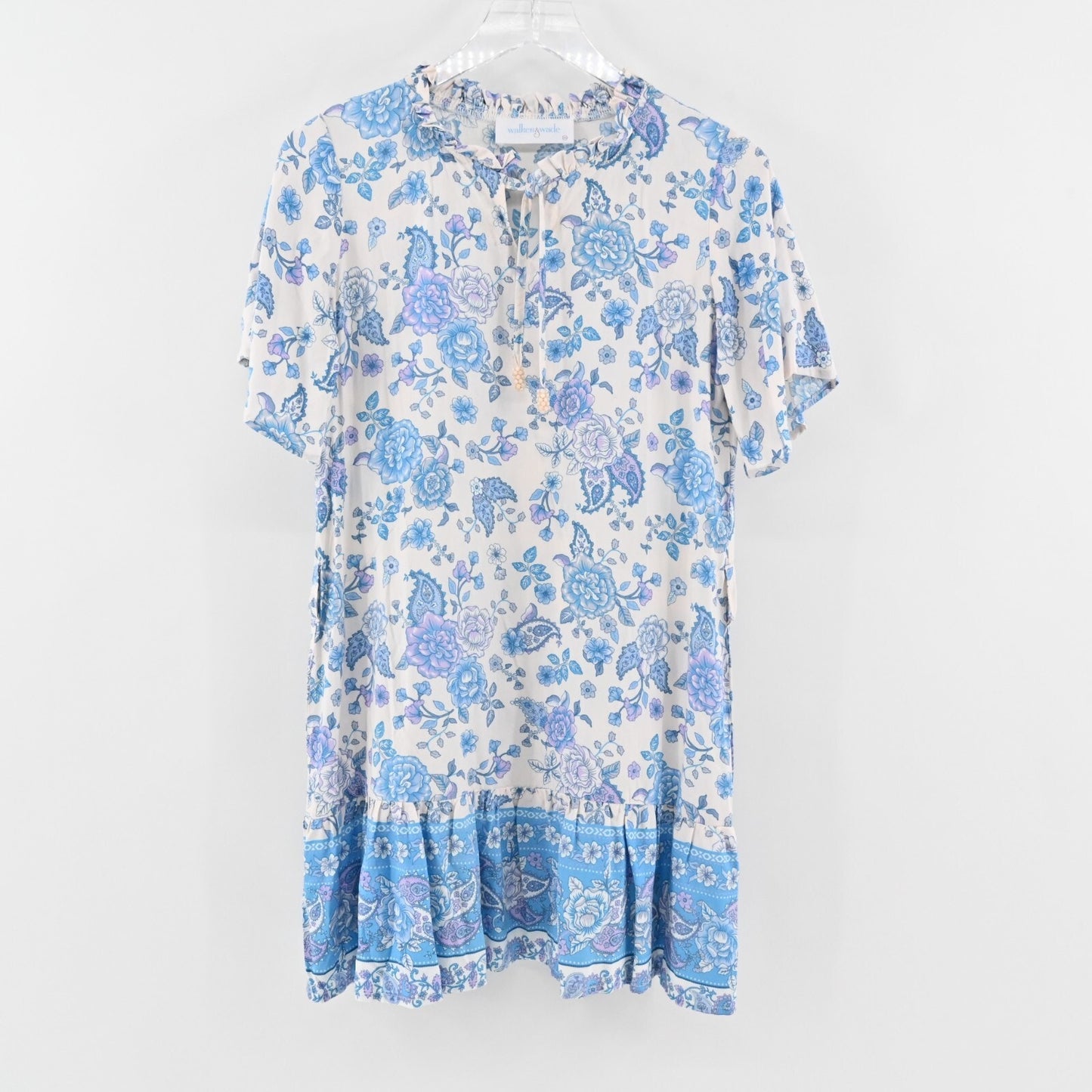 WALKER WADE Dress Sz XS Blue Purple Floral Print Ruffle Neck Shift Mini Cottage