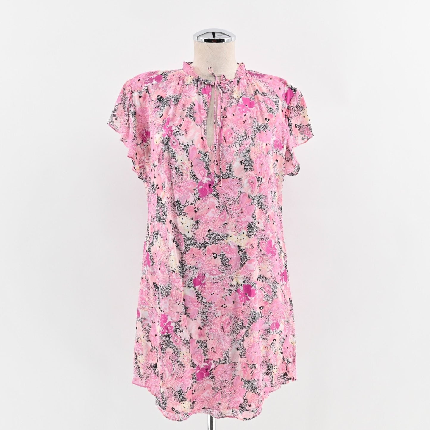 THE KOOPLES Short Pink Dress Size 0 Floral Paisley Print Frilly Sleeve Mini