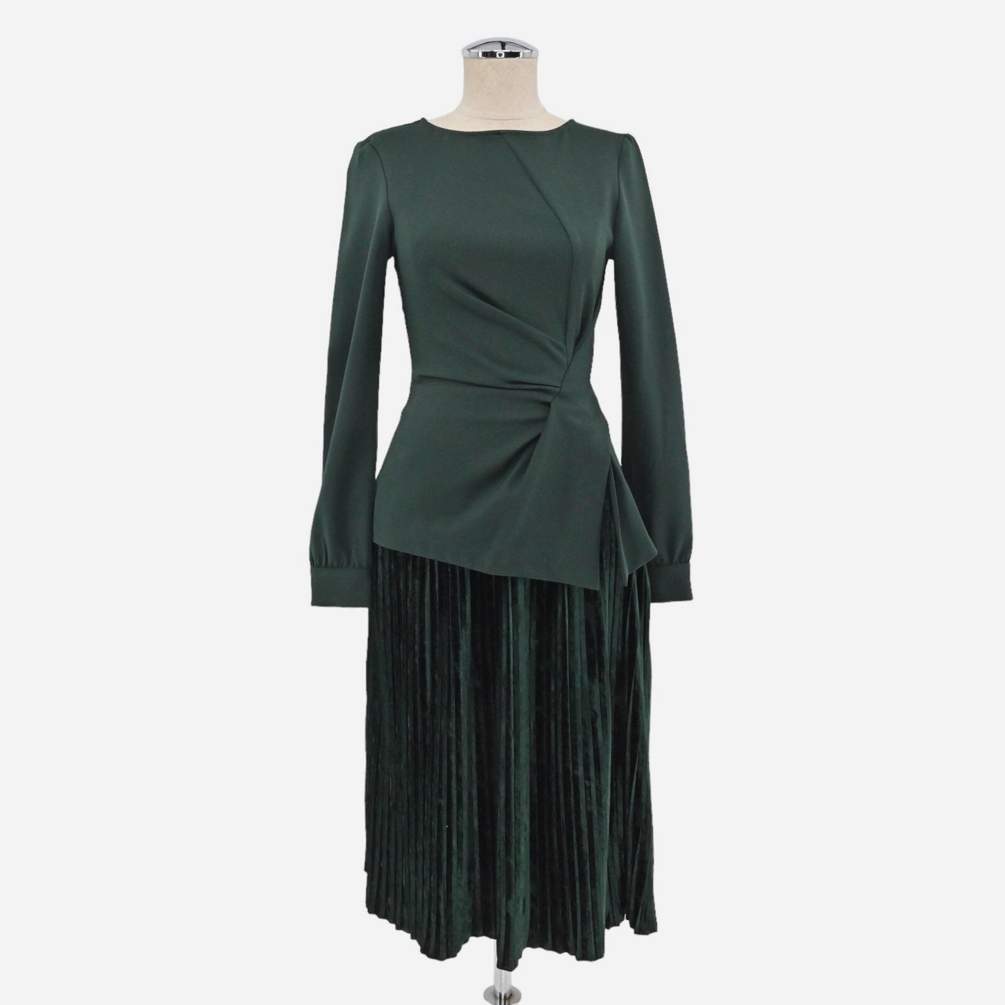 ZARA Womens Skirt Set Size XS Pleated Velour Emerald Green Blouse Retro Career